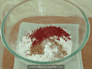 Mixing dry ingredients for the Red Velvet layer